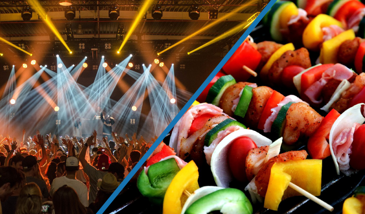 Collage med stor koncert og grillspyd